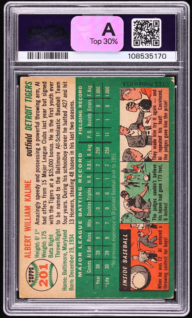1954 Topps Al Kaline ROOKIE #201 PSA 3 VG