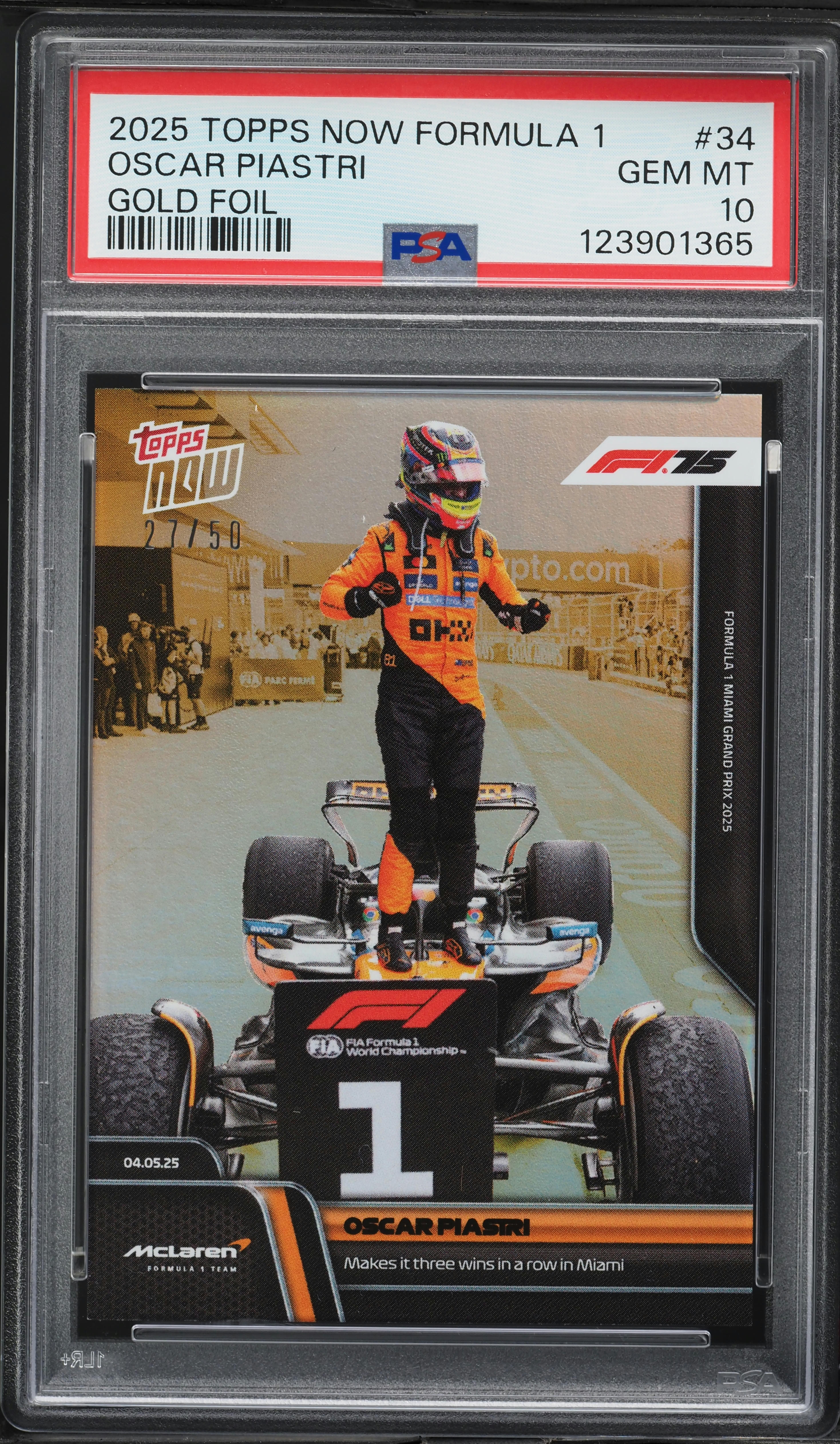 2025 Topps Now Formula 1 Gold Oscar Piastri /50 #34 PSA 10 GEM 
