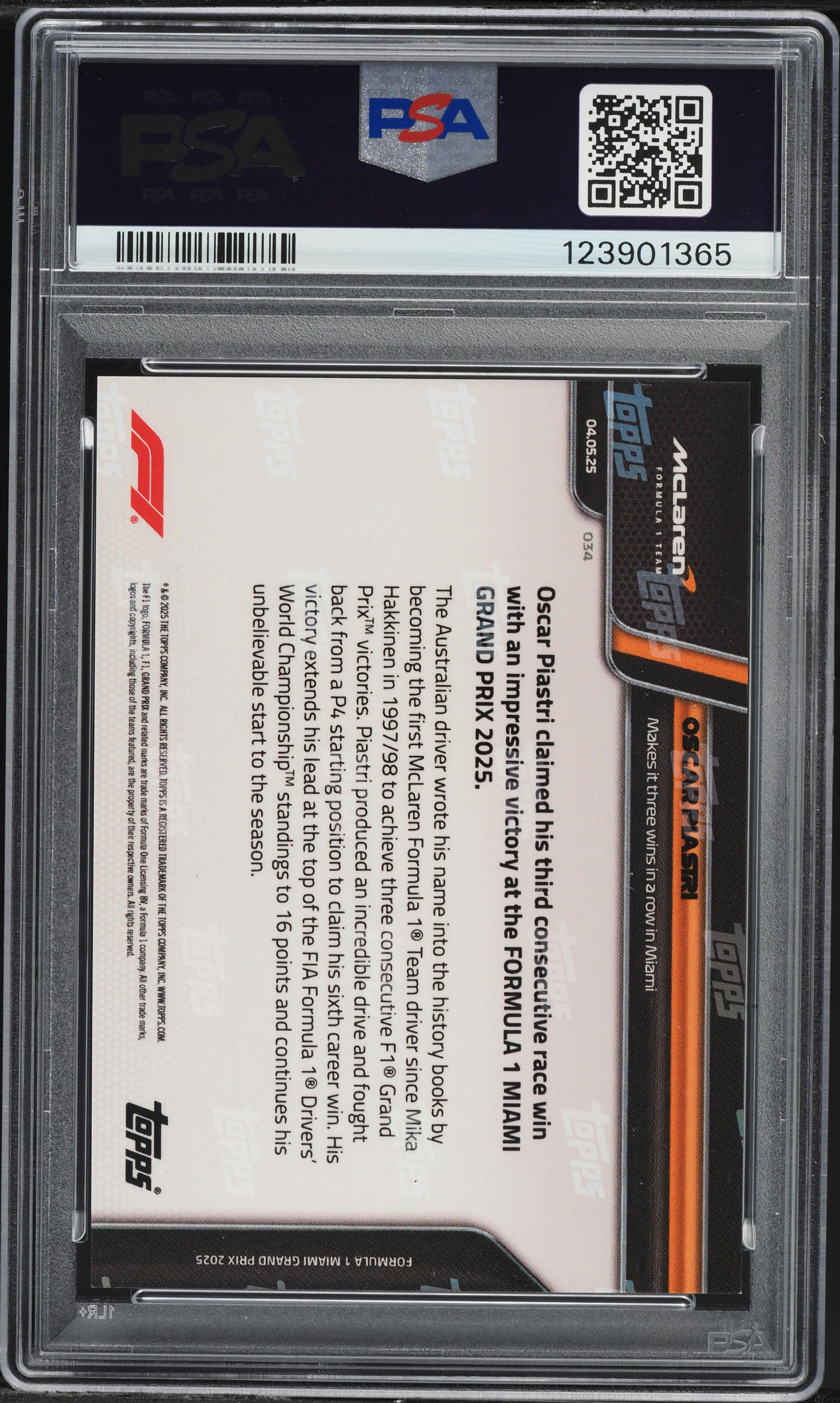 2025 Topps Now Formula 1 Gold Oscar Piastri /50 #34 PSA 10 GEM 