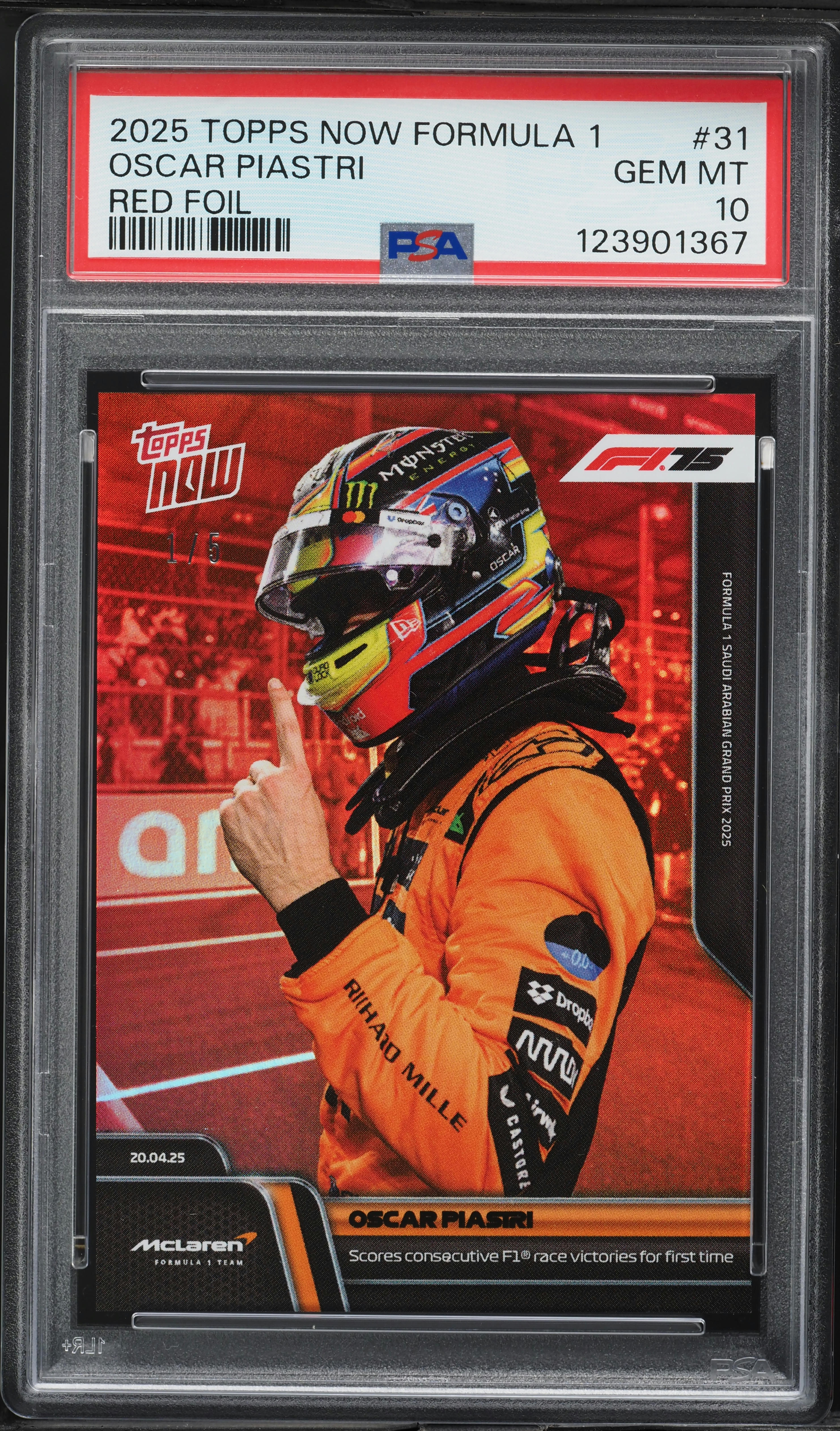 2025 Topps Now Formula 1 Red Oscar Piastri 1/5 #31 PSA 10 GEM MINT 