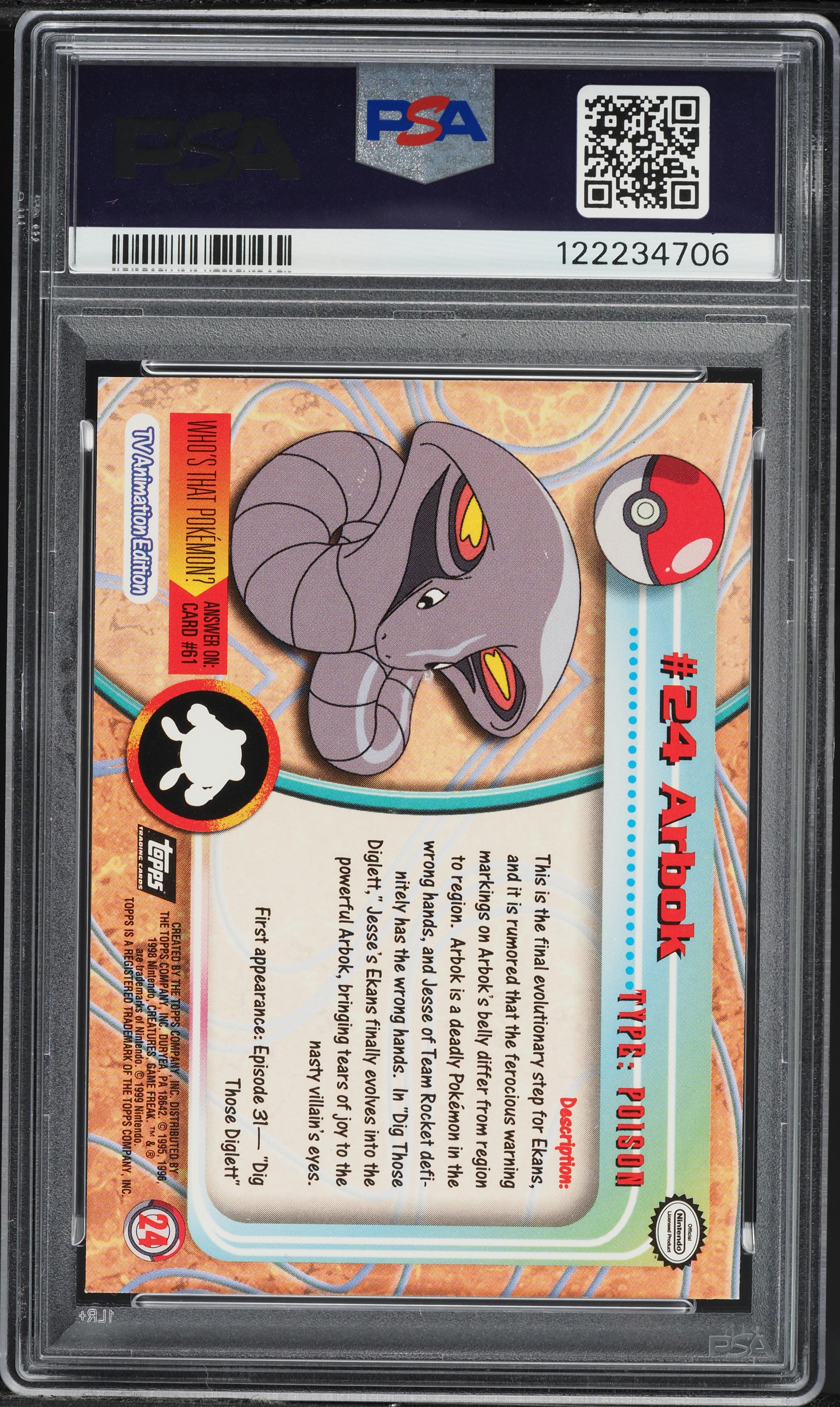 1999 Topps Pokemon TV Arbok #24 PSA 10 GEM MINT on Fanatics Collect