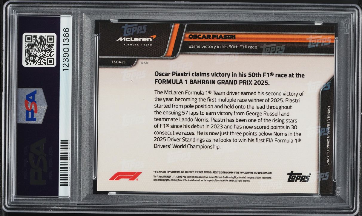 2025 Topps Now Formula 1 Black Oscar Piastri /10 #30 PSA 9 MINT on 