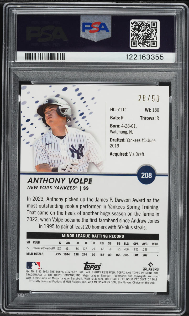 2023 Topps Pristine Gold Anthony Volpe ROOKIE /50 #208 PSA 10 GEM MINT