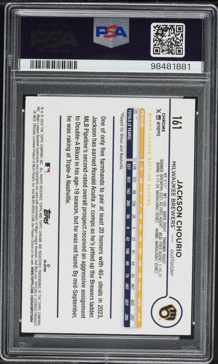 2024 Topps Chrome Prism Refractor Jackson Chourio ROOKIE #161 PSA 9 MINT