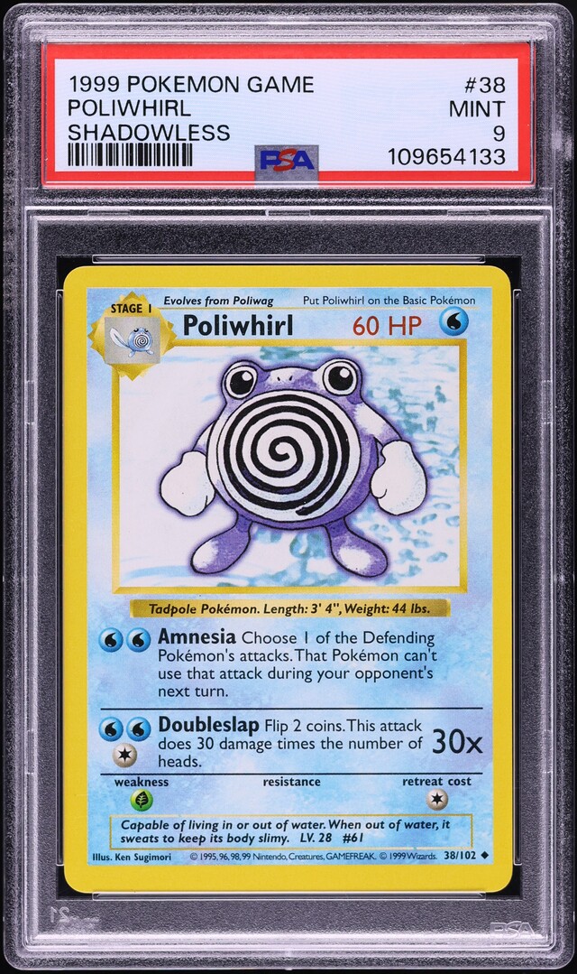 1999 Pokemon Base Set Shadowless Poliwhirl #38 PSA 9 MINT graded card