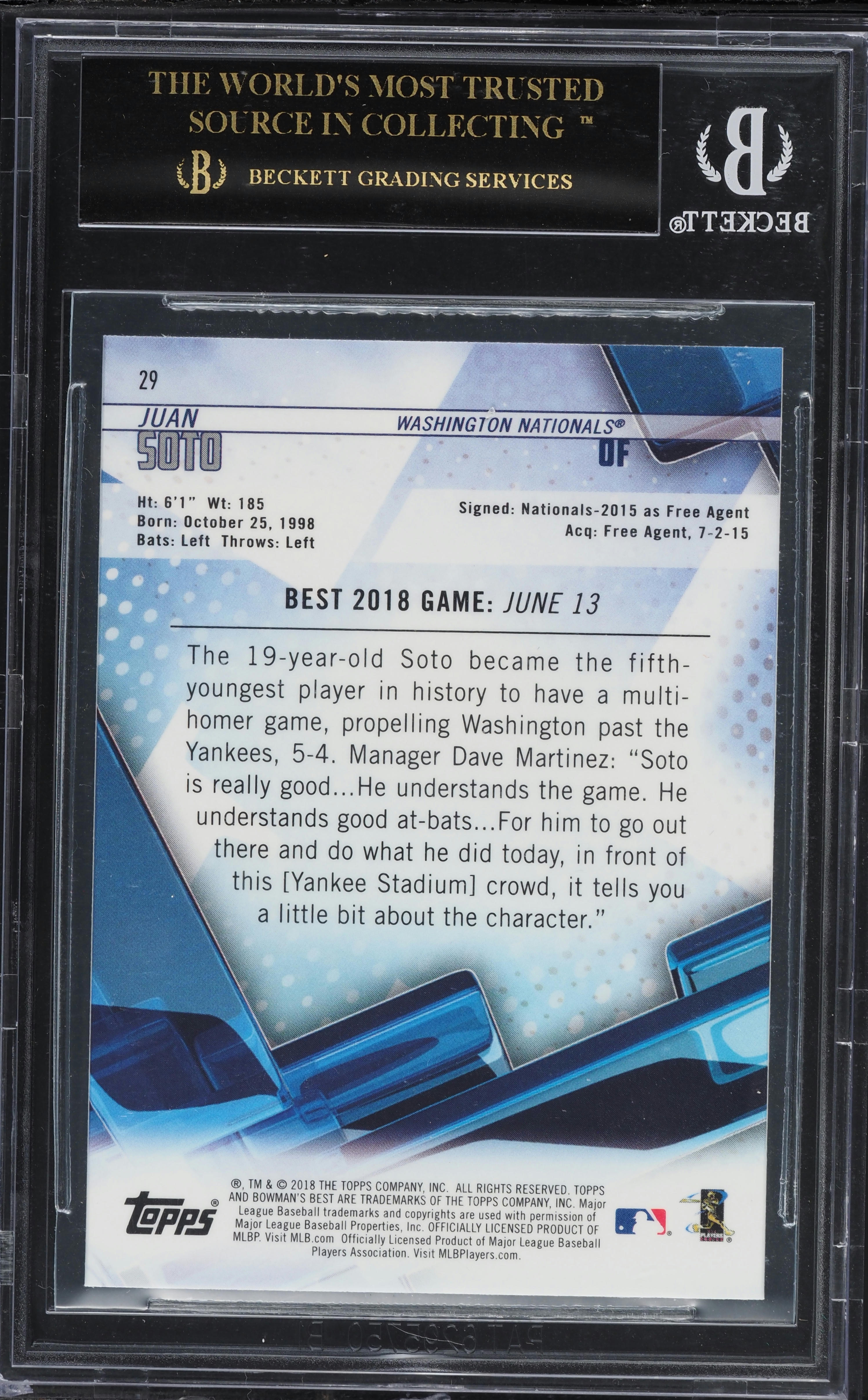 2018 Bowman's Best Juan Soto ROOKIE #29 BGS 10 PRISTINE, BLACK