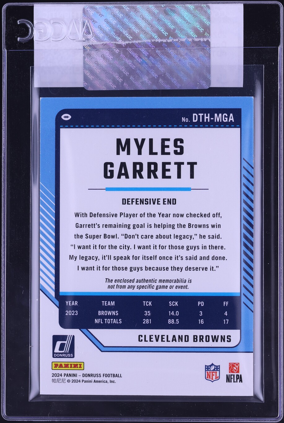 2024 Donruss Threads Myles Garrett RELIC #DTH-MGA CGC AUTH