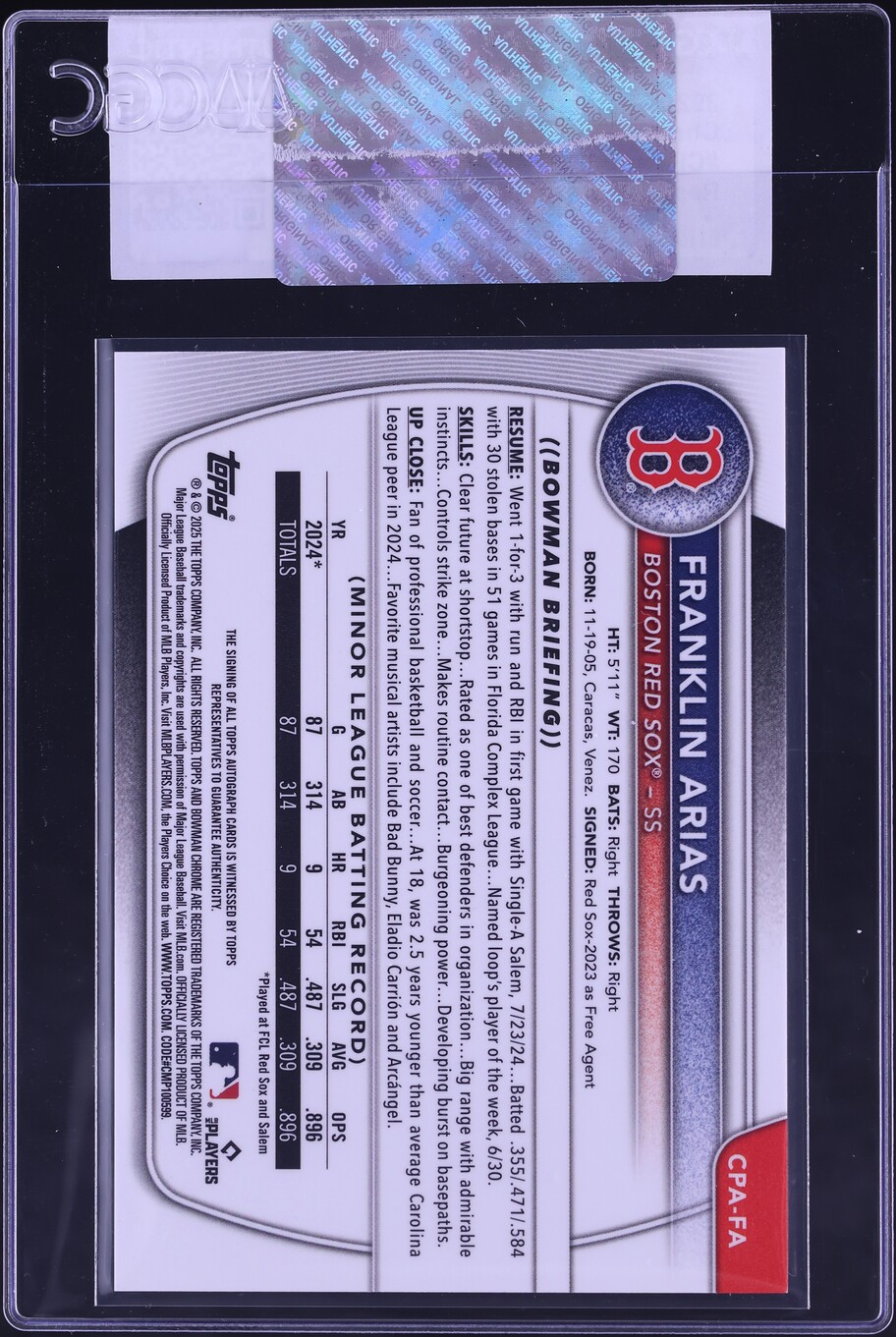 2025 Bowman Chrome Reptilian Green Ref Franklin Arias PROSPECT AUTO /99 CGC AUTH