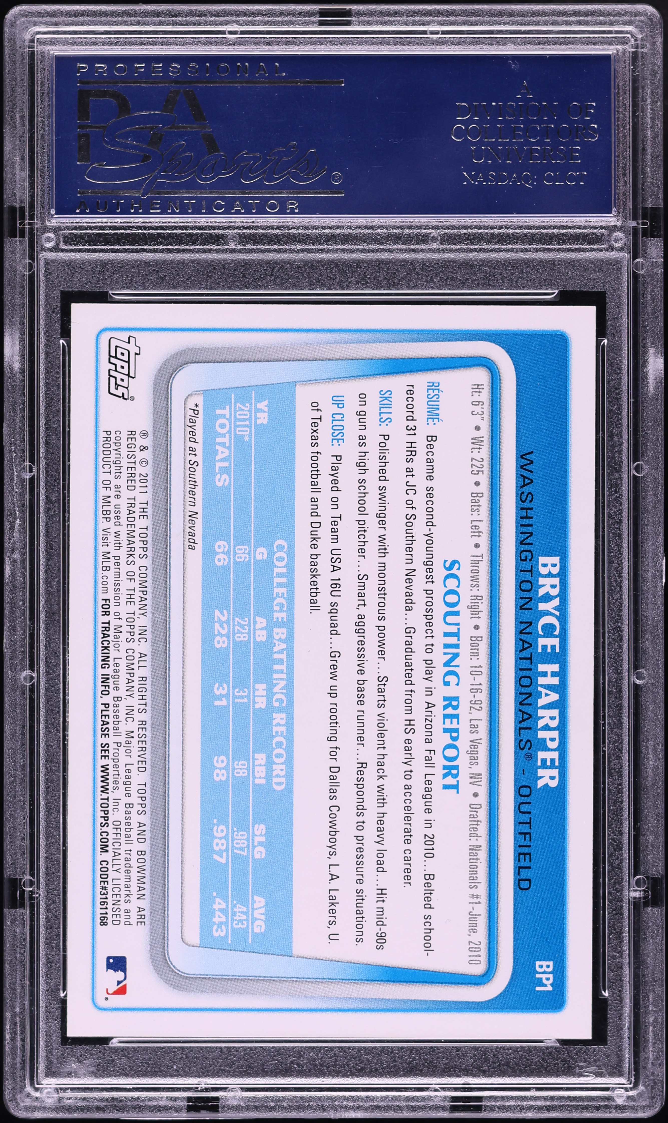 2011 Bowman Bryce Harper PROSPECT AUTO #BP1 PSA 10 GEM MINT on