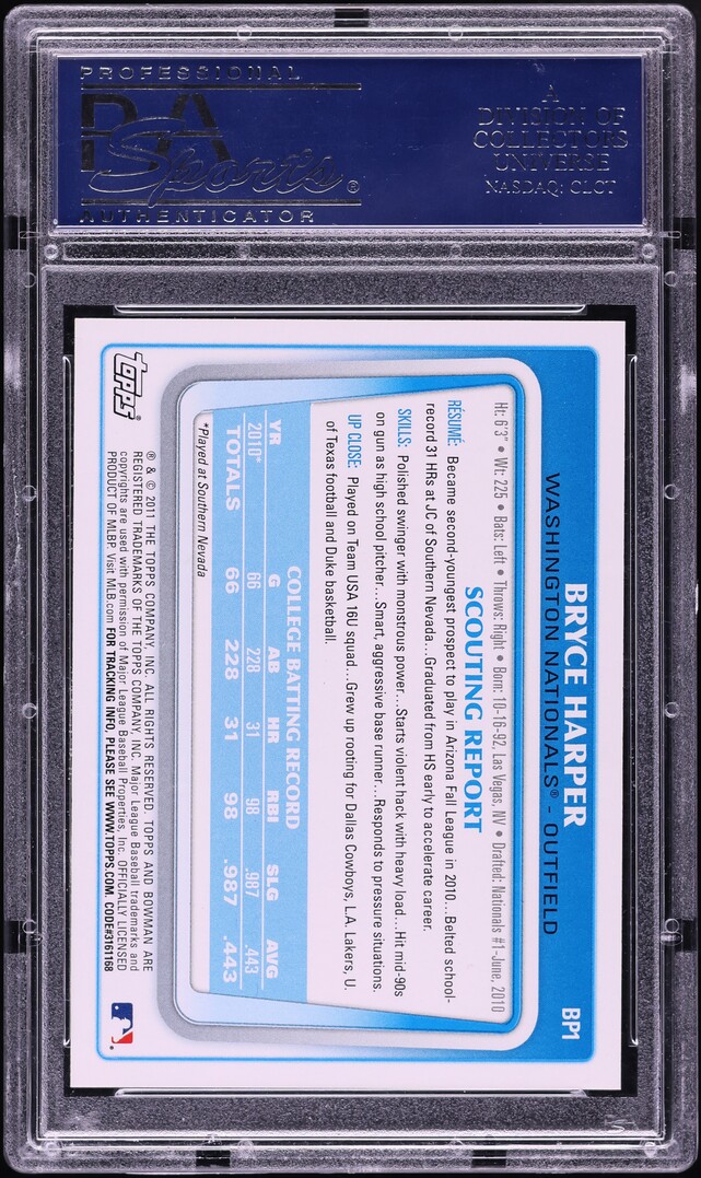 2011 Bowman Bryce Harper PROSPECT AUTO #BP1 PSA 10 GEM MINT on