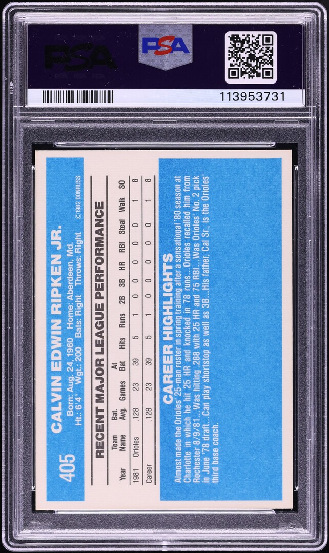 1982 Donruss Cal Ripken Jr. ROOKIE AUTO DNA 10 #405 PSA 10 GEM MINT