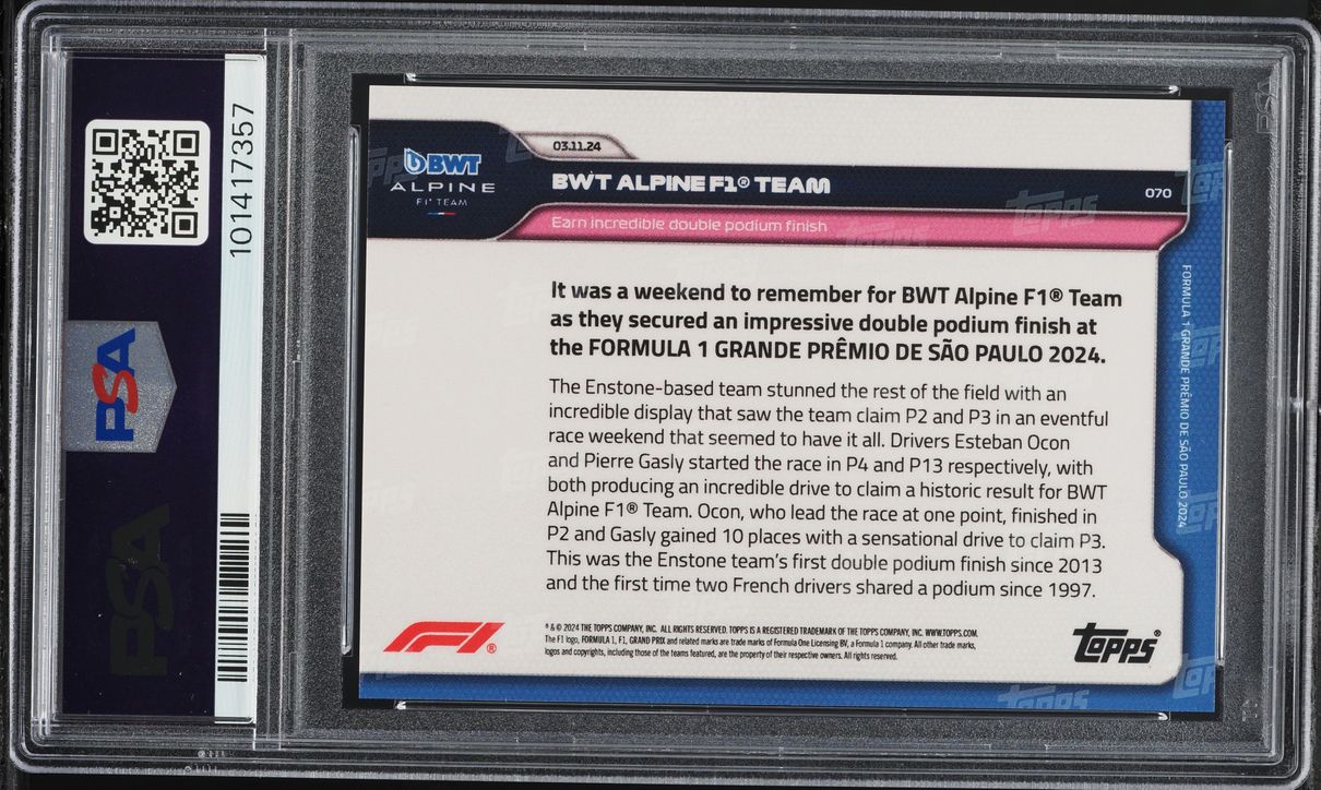 2024 Topps Now Formula 1 BWT Alpine F1 Team #70 PSA 10 GEM MINT