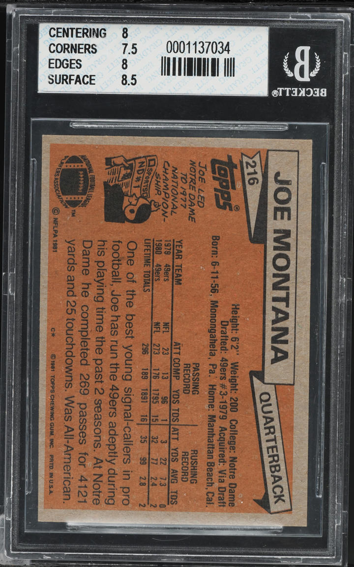 1981 Topps Football Joe Montana ROOKIE #216 BGS 8 NM-MT