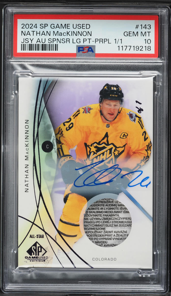 2024 SP Game Used Purple Nathan Mackinnon LOGO PATCH AUTO 1/1 #143 PSA 10 GEM