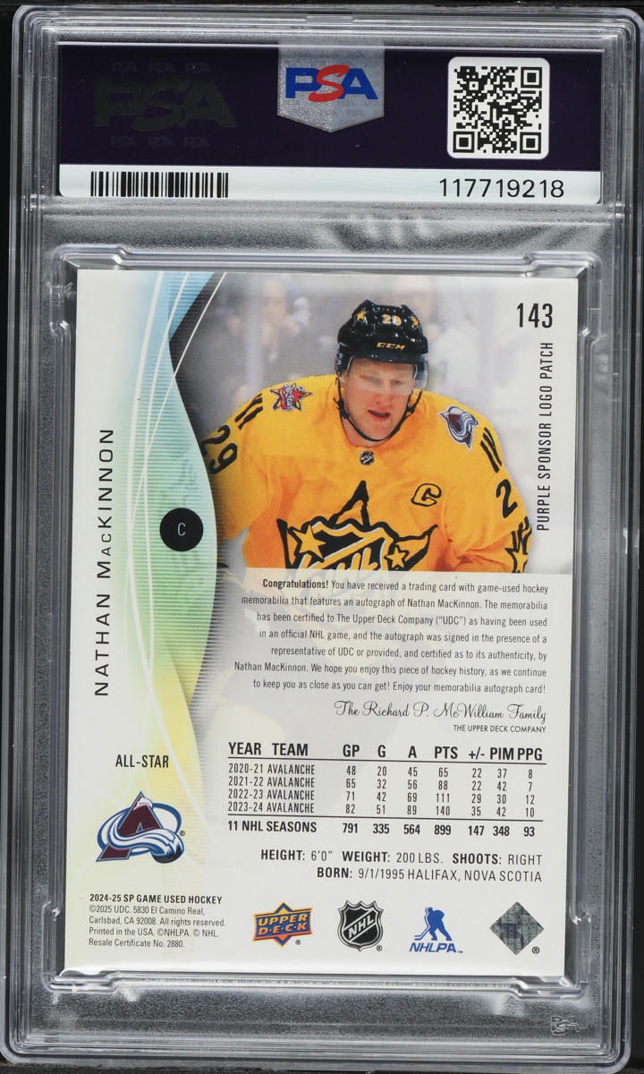 2024 SP Game Used Purple Nathan Mackinnon LOGO PATCH AUTO 1/1 #143 PSA 10 GEM