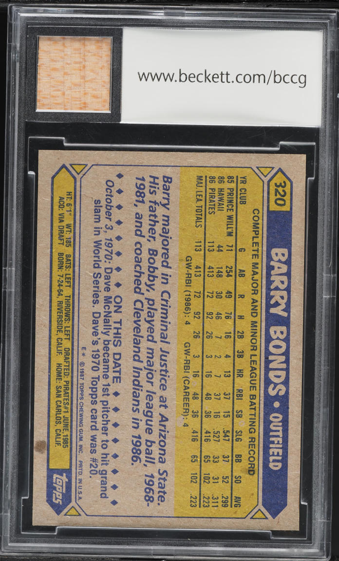 1987 Topps Barry Bonds ROOKIE GAME-USED BAT PATCH #320 BCCG 10