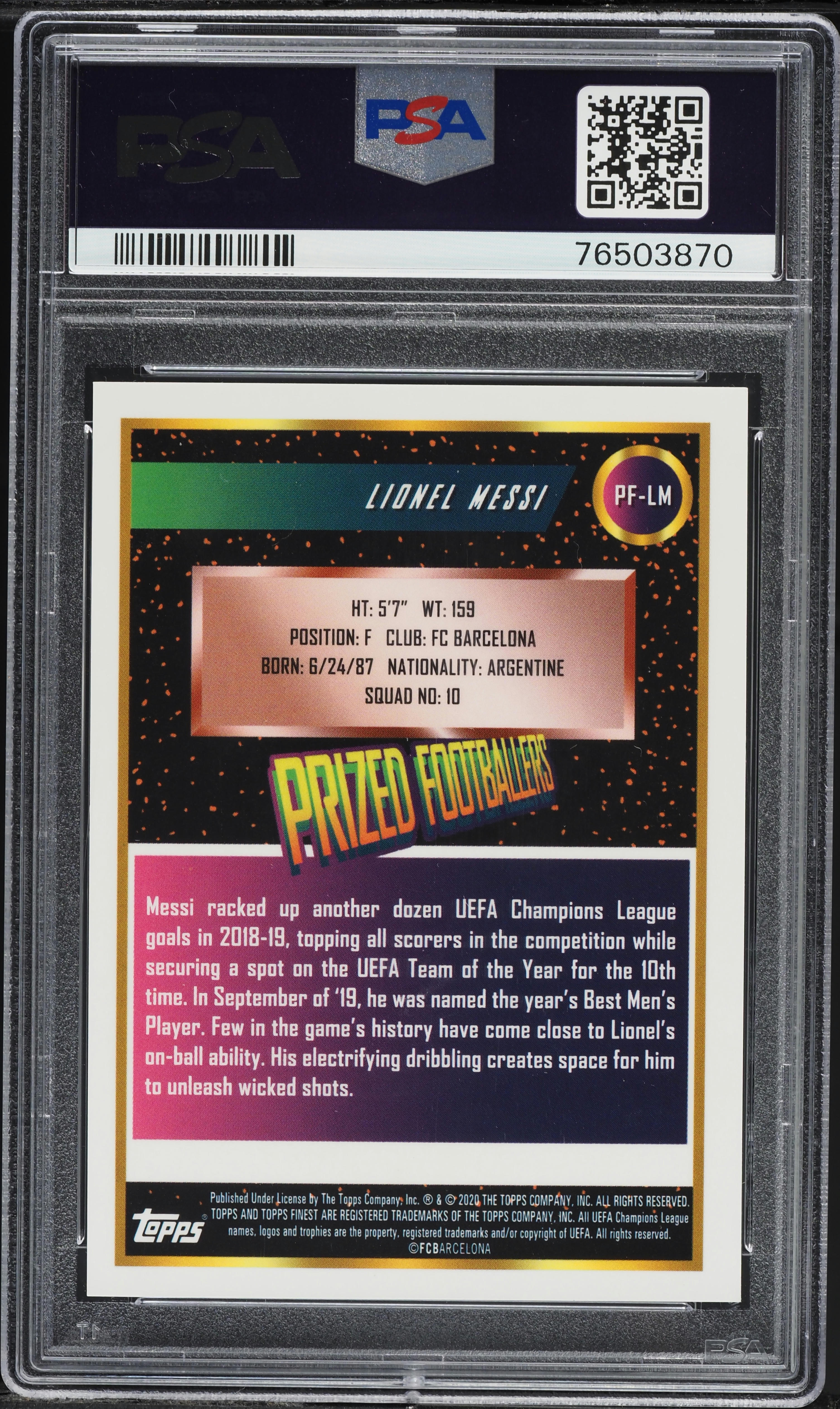 2019 Finest UEFA Prized Footballers Gold Refractor Lionel Messi