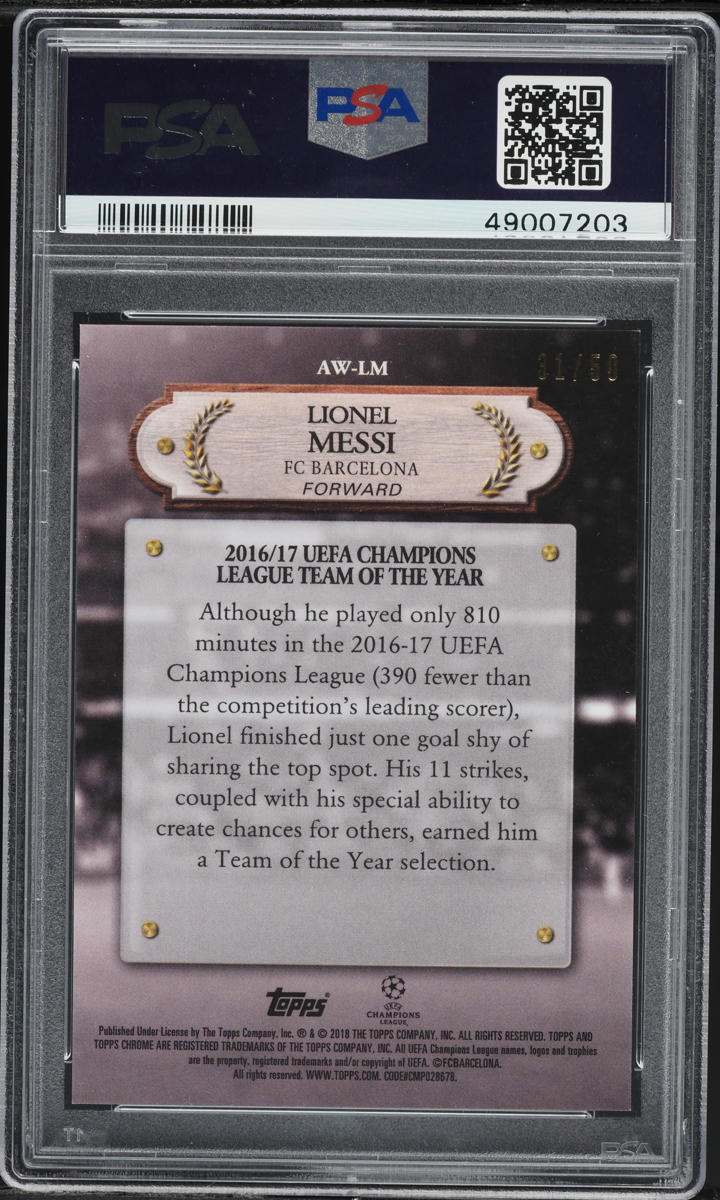 2017 Topps Chrome UEFA Award Winners Gold Lionel Messi /50 #AW-LM PSA 9 MINT