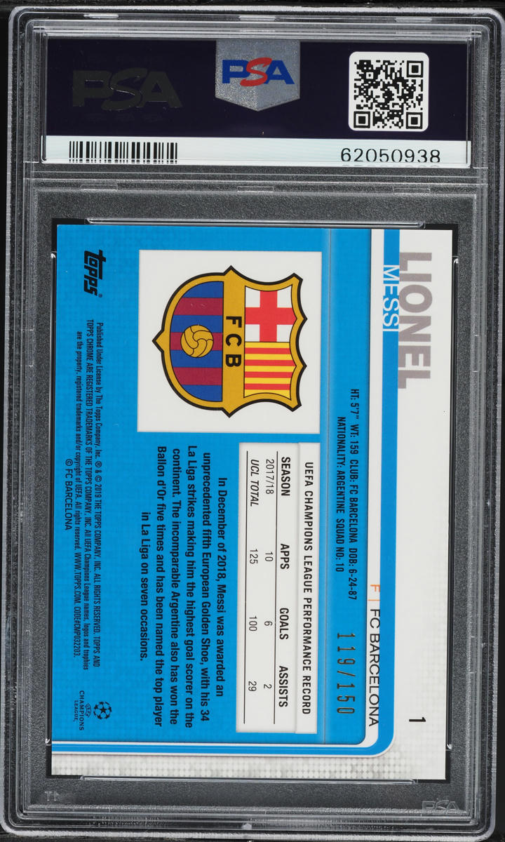 2018 Topps Chrome UEFA Running Blue Refractor Lionel Messi /150 #1 PSA 9 MINT