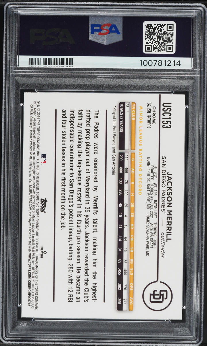 2024 Topps Chrome Update Negative Refractor Jackson Merrill RC #USC153 PSA 9