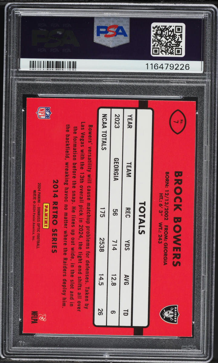 2024 Donruss Optic '14 Retro Series Brock Bowers ROOKIE #7 PSA 10 GEM MINT
