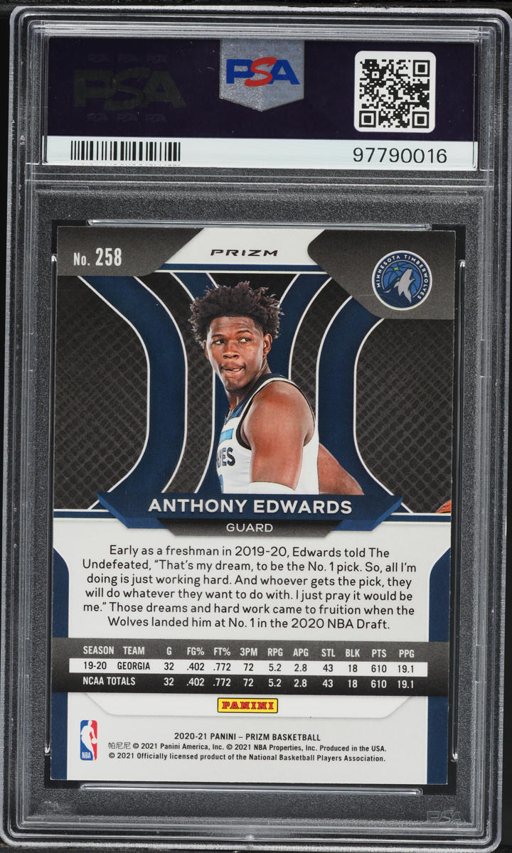 2020 Panini Prizm Silver Anthony Edwards ROOKIE #258 PSA 10 GEM MINT