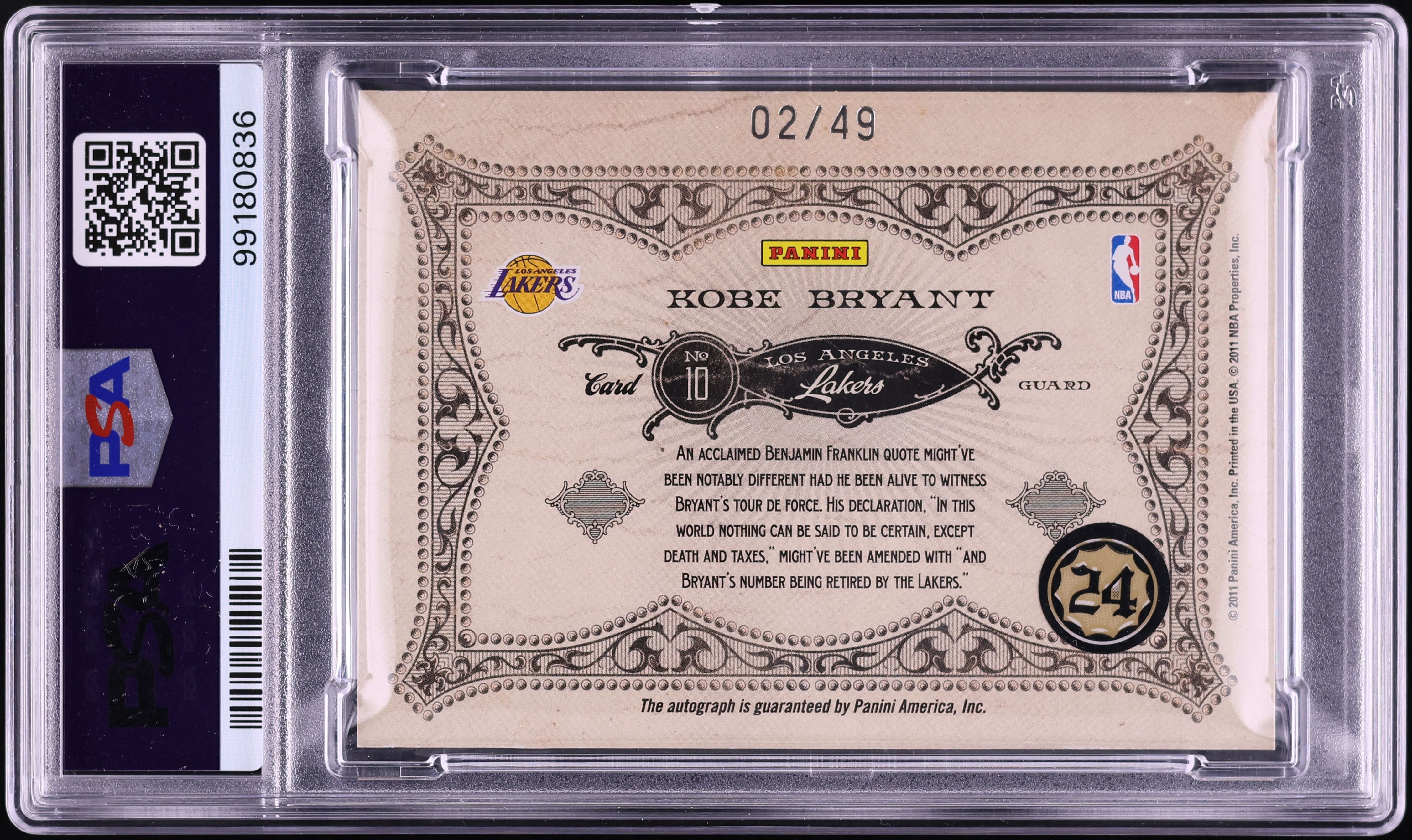2010 Panini Gold Standard Crowns Kobe Bryant AUTO /49 #10 PSA AUTH