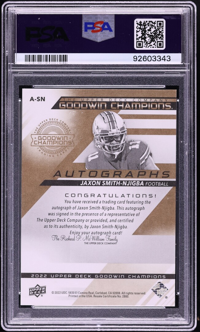 2022 UD Goodwin Champions Jaxon Smith-Njigba ROOKIE AUTO #ASN PSA 10 GEM MINT