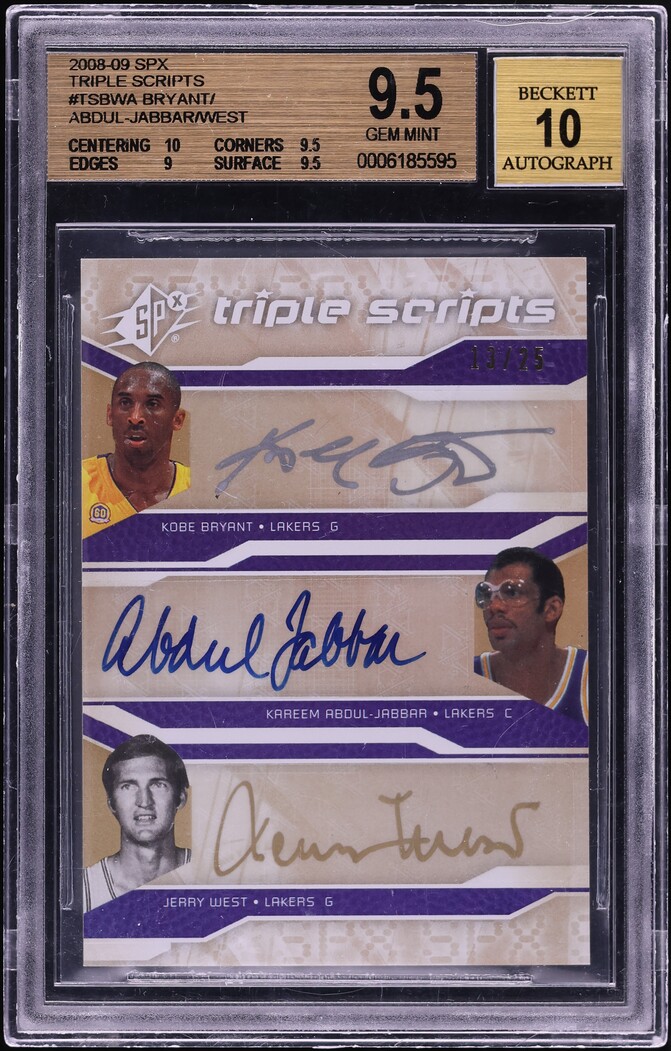 2008 SPx Scripts Kobe Bryant Jerry West Kareem Abdul-Jabbar AUTO /25 BGS 9.5 GEM