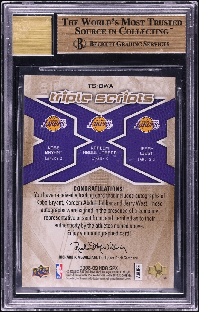 2008 SPx Scripts Kobe Bryant Jerry West Kareem Abdul-Jabbar AUTO /25 BGS 9.5 GEM