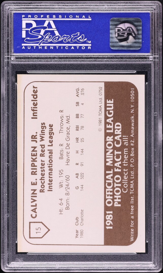 1981 TCMA Rochester Red Wings Cal Ripken Jr. ROOKIE #15 PSA 10 GEM MINT