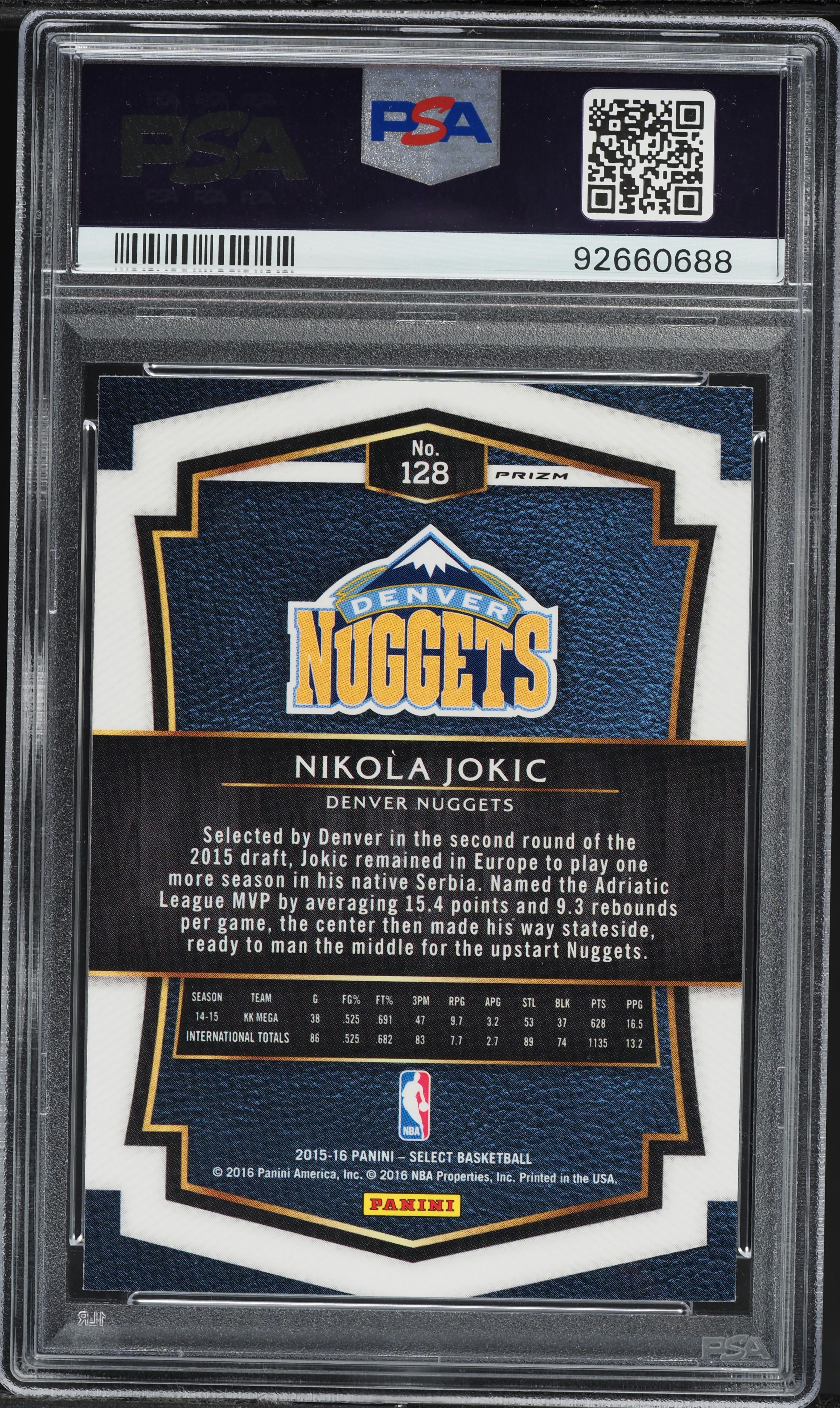 2015 Select Silver Prizm Nikola Jokic ROOKIE #128 PSA 9 MINT on