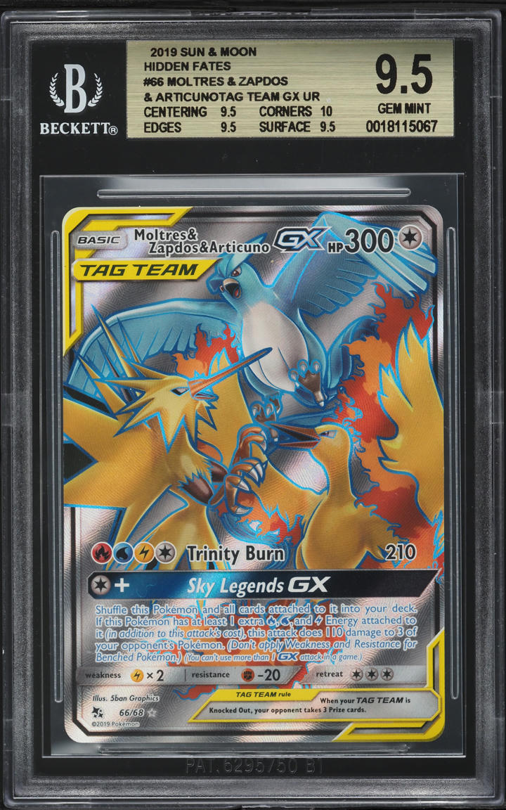 moltres gx pokemon card 2019 Pokemon SM Hidden Fates Full Art Moltres Zapdos Articuno GX #66 BGS  9.5 GEM on Fanatics Collect
