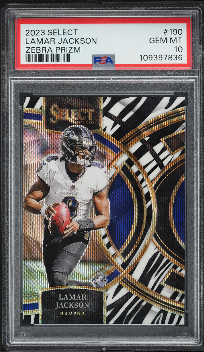 2023 Select Premier Zebra Prizm Lamar Jackson #190 PSA 10 GEM MINT