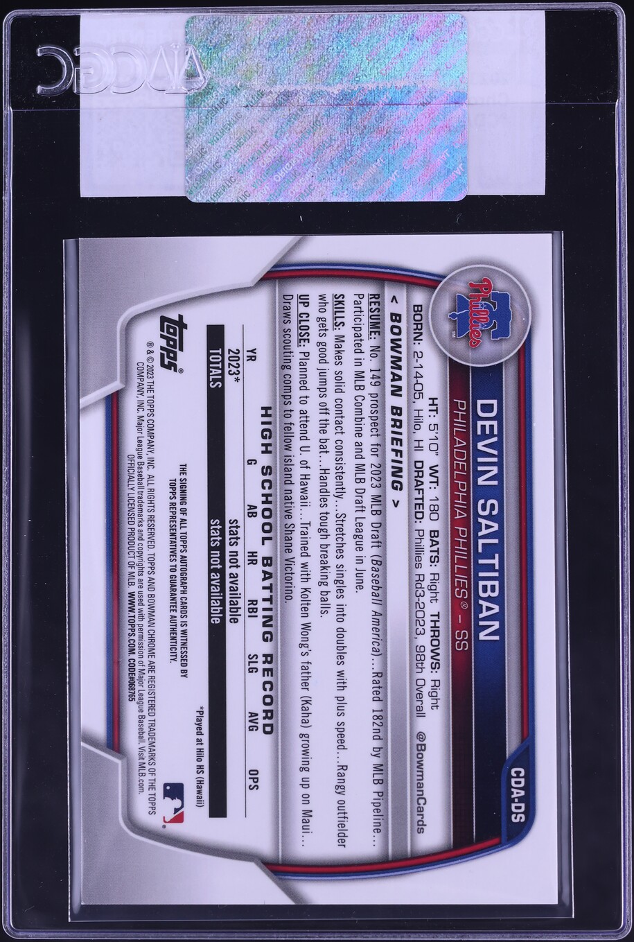 2023 Bowman Chrome Draft Devin Saltiban PROSPECT AUTO #CDA-DS CGC AUTH