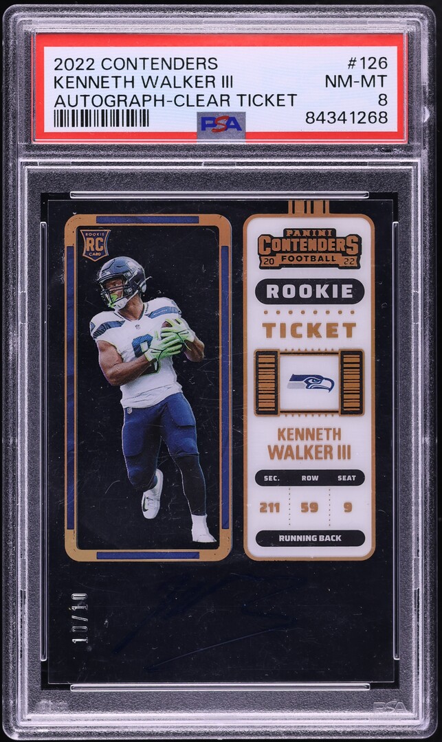 2022 Panini Contenders Clear Ticket Kenneth Walker III ROOKIE AUTO 10/10 PSA 8