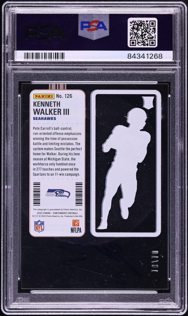 2022 Panini Contenders Clear Ticket Kenneth Walker III ROOKIE AUTO 10/10 PSA 8