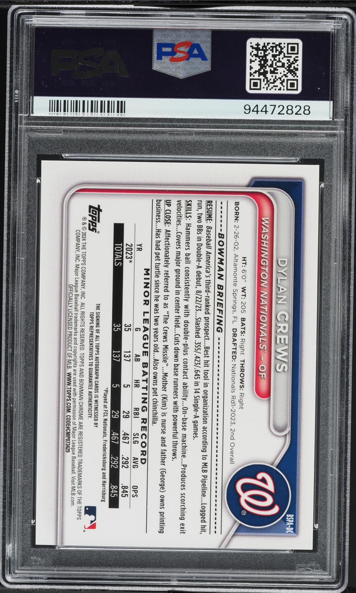 2024 Bowman Chrome Sapphire Orange Dylan Crews PROSPECT AUTO /25 #BSPA-DC PSA 9