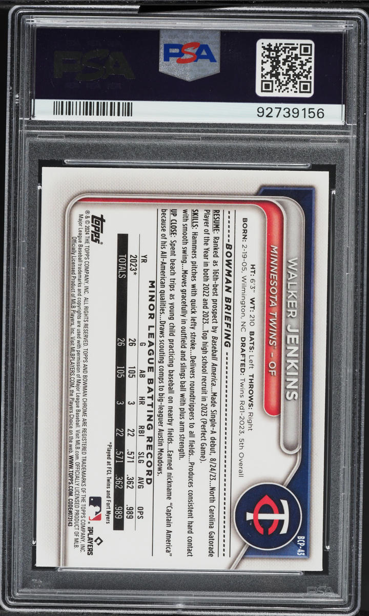 2024 Bowman Chrome Walker Jenkins PROSPECT #BCP-43 PSA 10 GEM MINT