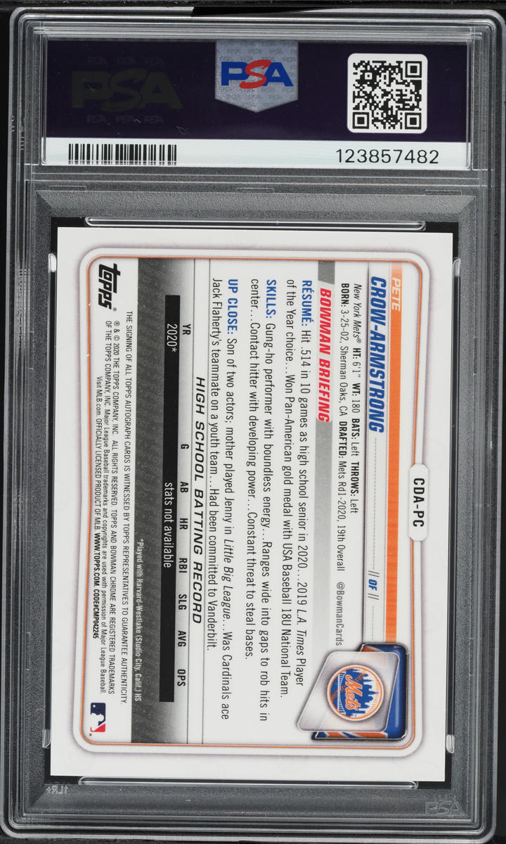 2020 Bowman Chrome Red Ref Pete Crow-Armstrong PROSPECT AUTO DNA 10 /5 PSA 9