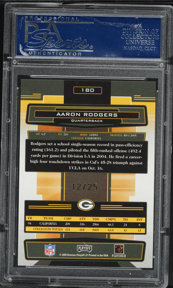 2005 Playoff Absolute Memorabilia Spectrum Gold Aaron Rodgers ROOKIE JSY # 12/25 #180 PSA 10