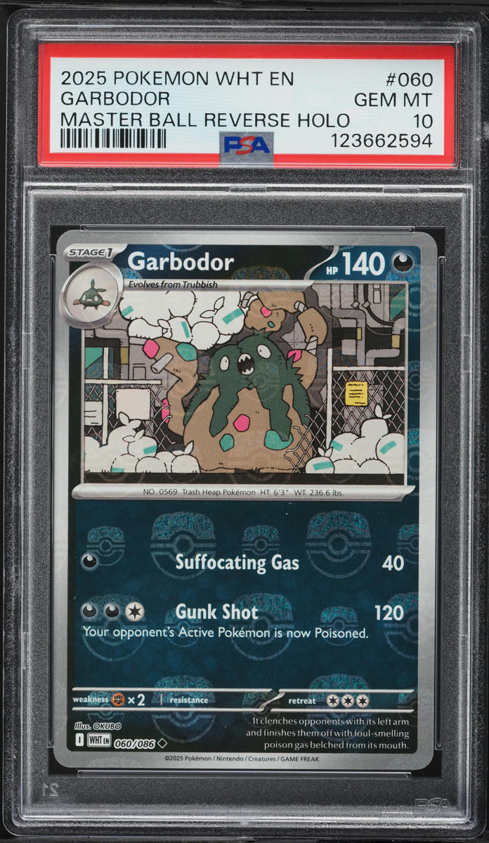 2025 Pokemon SV White Flare Master Ball Reverse Holo Garbodor #060 PSA 10 GEM