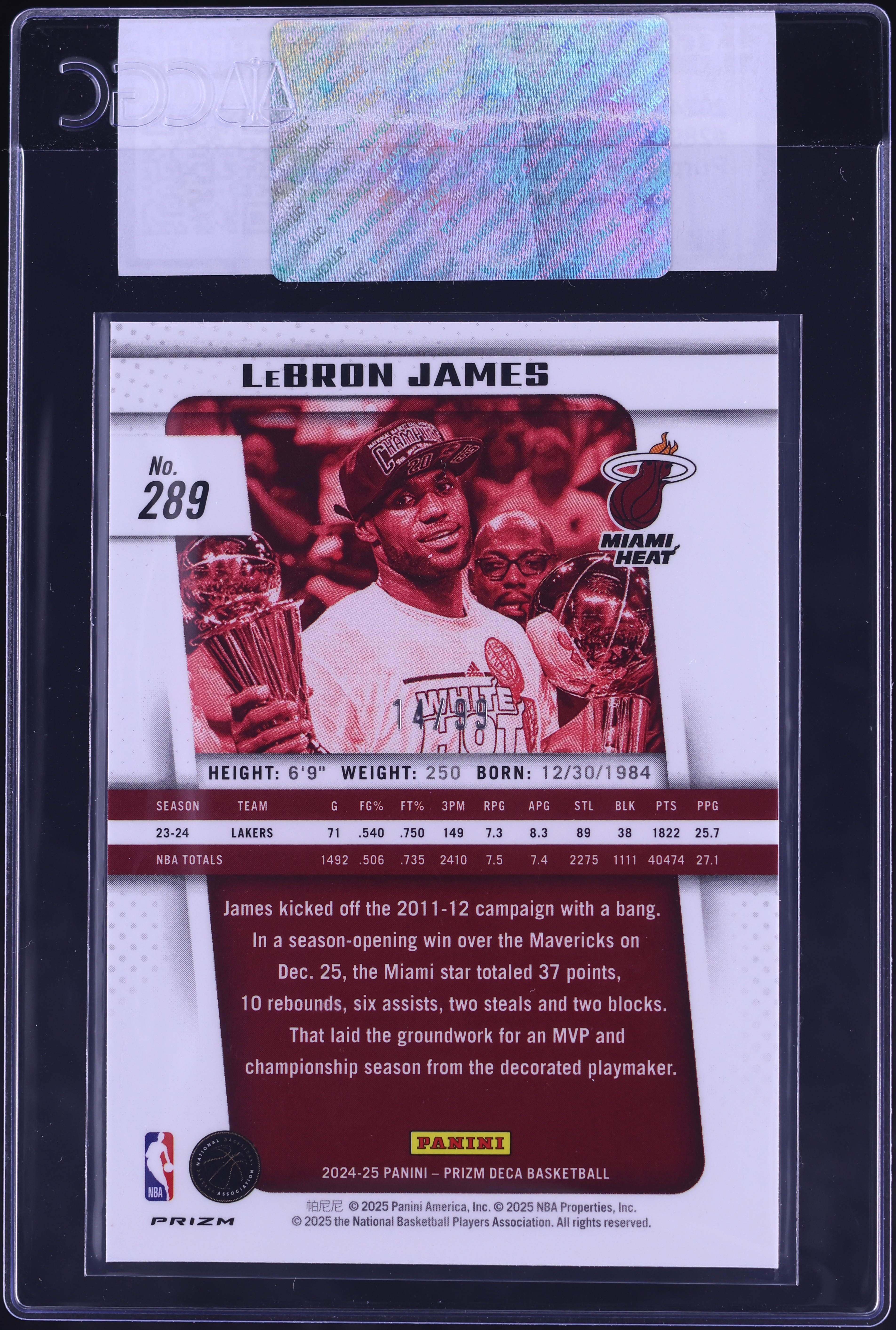 2024 Panini Prizm Deca Purple LeBron James /99 #289 CGC AUTH on
