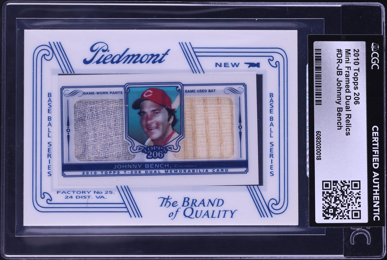 2010 Topps 206 Mini Framed Dual Relics Johnny Bench PATCH /99 #DR-JB CGC AUTH