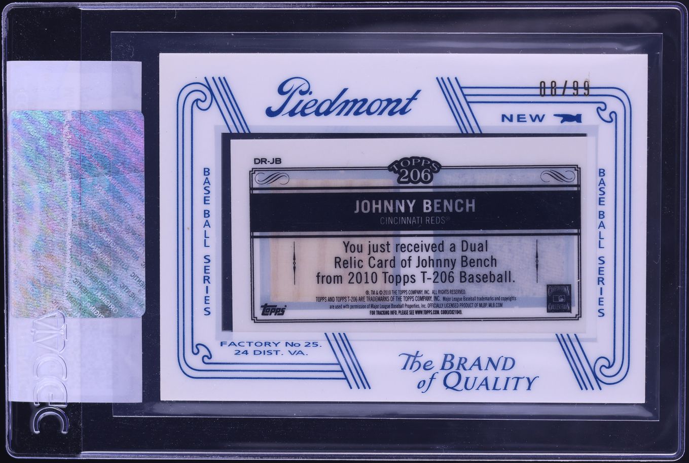 2010 Topps 206 Mini Framed Dual Relics Johnny Bench PATCH /99 #DR-JB CGC AUTH