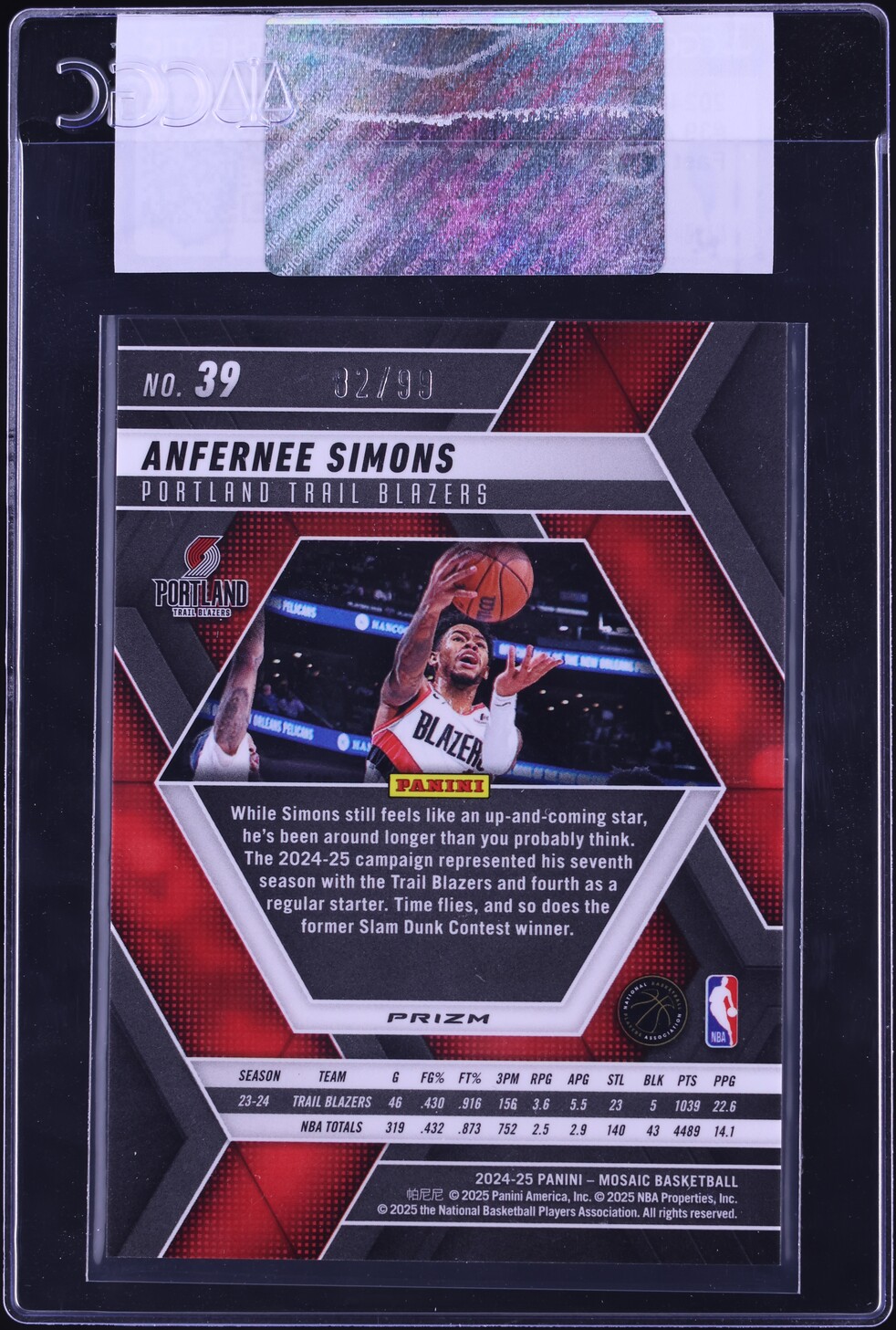 2024 Panini Mosaic Fast Break Red Anfernee Simons /99 #39 CGC AUTH