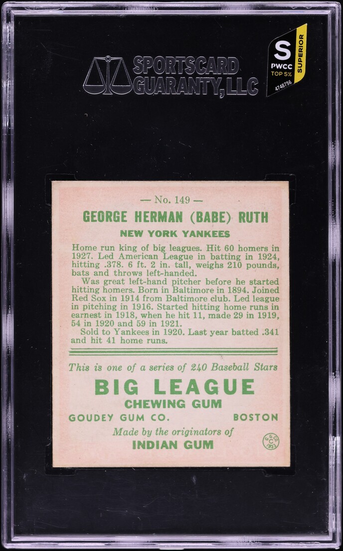 1933 Goudey Babe Ruth #149 SGC 7 NRMT
