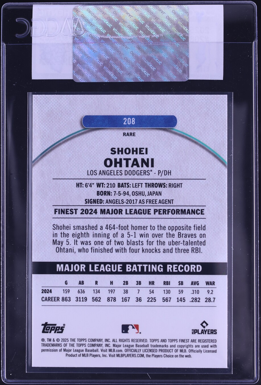 2025 Finest Shohei Ohtani #208 CGC AUTH