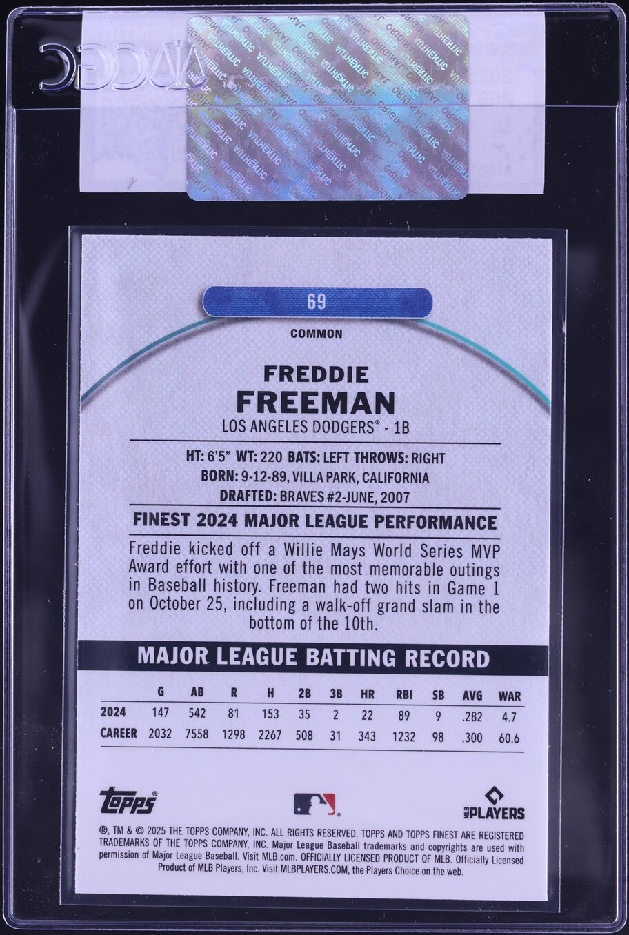 2025 Finest Freddie Freeman #69 CGC AUTH