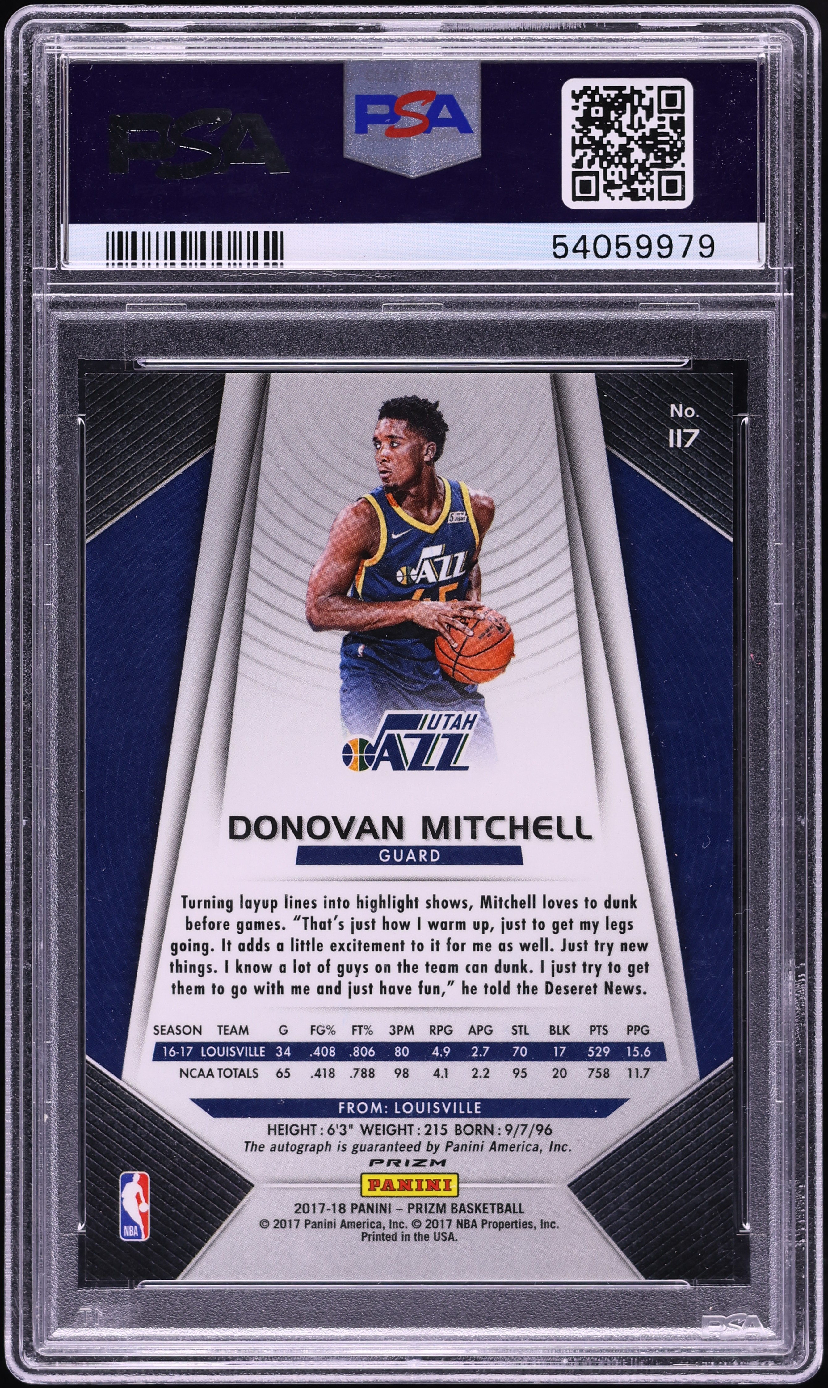 2017 Panini Prizm Silver Donovan Mitchell ROOKIE AUTO #117 PSA 9